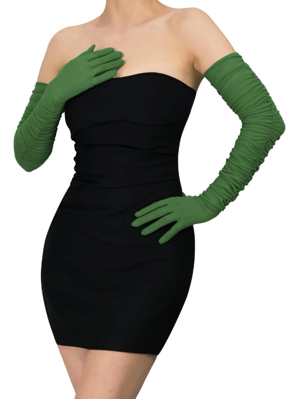 Womens Dark Green Stretchy Sheer Mesh Tulle Long Lace-like Non-slip Opera Gloves